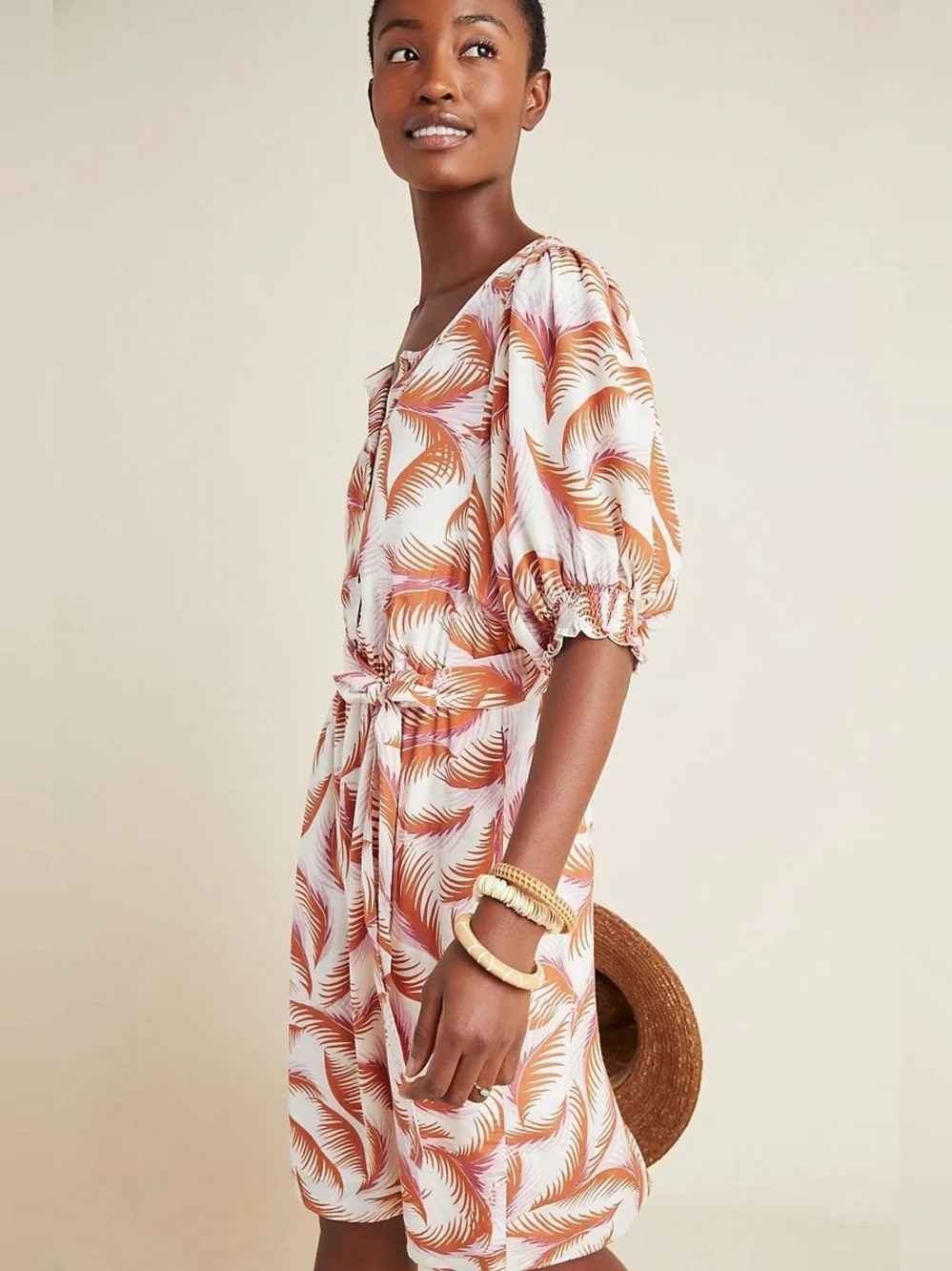 Anthropologie Nicole Linen Puff Sleeve Feathers Ivory Shirt Dress